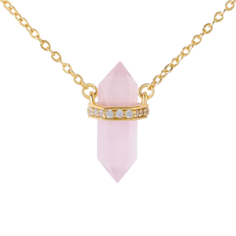 Stilla solnedgång, halsband rosenkvarts hexagon