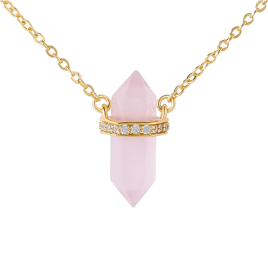 Stilla solnedgång, halsband rosenkvarts hexagon